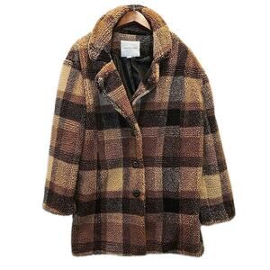 American Eagle Faux Fur Sherpa Brown Plaid Teddy Coat Womens XS Preppy Cabin